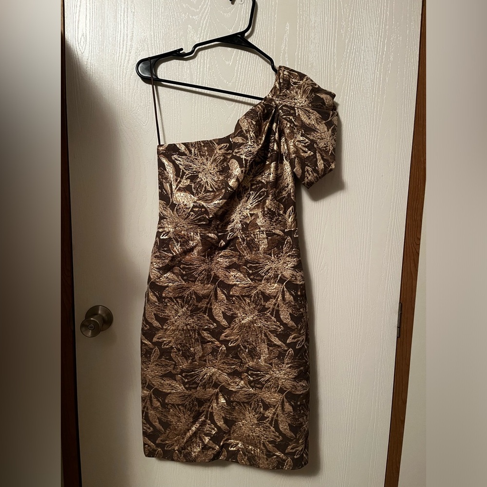 Eva Franco Anthropologie One-Shoulder Gold Brown Metallic Floral Dress Size 4